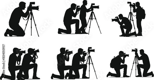 Silhouette photographers kneeling with cameras and tripods, professional photography poses, creative camera operator illustration, photographer teamwork vector design