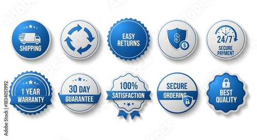 Collection of blue and white guarantee and quality assurance badges and seals