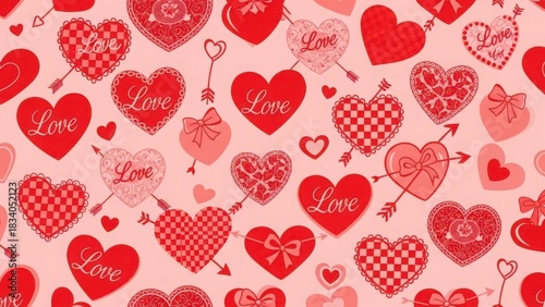 Seamless pattern of various red and pink hearts creates a vibrant texture perfect for romantic Valentine's Day advertising and design.