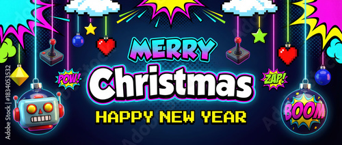 Pop Art Retro Gaming style Christmas and New Year greeting banner with retro arcade joysticks, pixelated hearts and stars, comic book speech bubbles