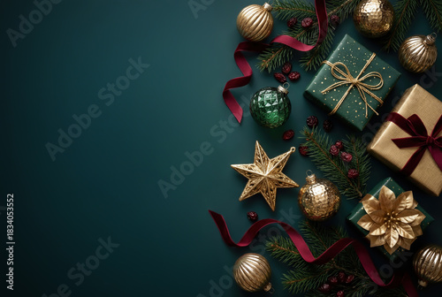 Christmas flat lay featuring gold and green wrapped gifts, ornaments, fir branches, red ribbons, pine cones, berries, and a golden star decoration on a dark green background