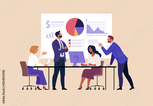 Financial Strategy Concept. Vector cartoon illustration of a business team discussing analytics and charts during a meeting, planning financial goals, reviewing data and developing strategic decisions