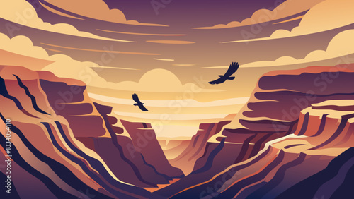Illustration of canyon with birds and cloudy sky