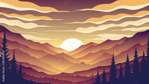 Scenic mountain range landscape with sunset and trees