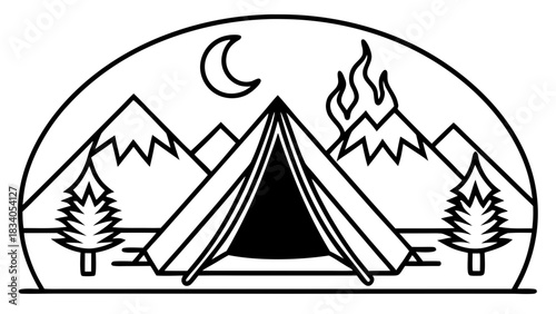 Camping scene with tent mountains and moon outline