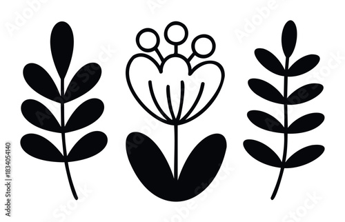Simple folk style black flower and leaves symbols for graphic decoration and website use in a minimalist composition