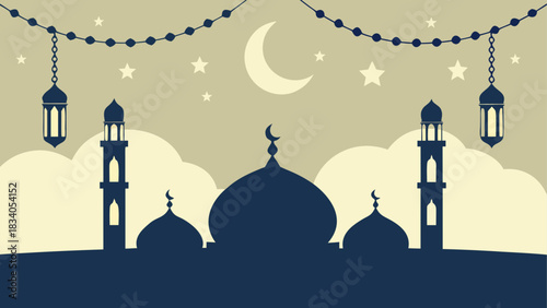Silhouette of mosque with moon and stars design art