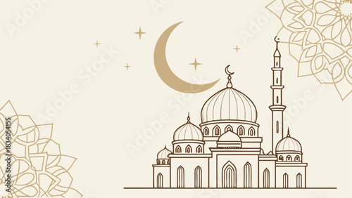 Illustration of a mosque with crescent moon and stars