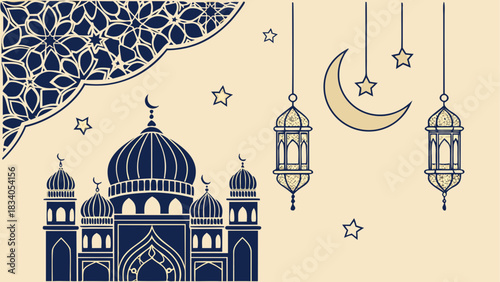 Illustration of mosque with moon and stars design