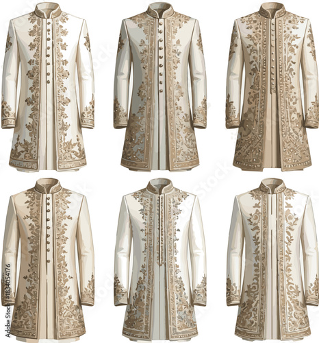 Isolated a various designs of wedding Sherwani vector art with a white background .