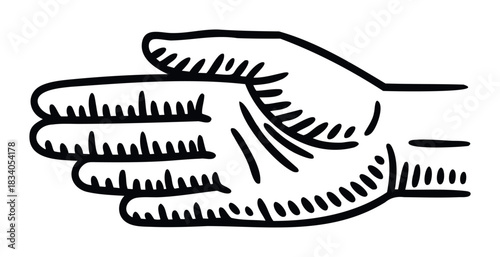 Stylized line drawing of a hand pointing with a thumb and index finger outstretched in a simple black and white graphic representation, perfect for various communication or directional