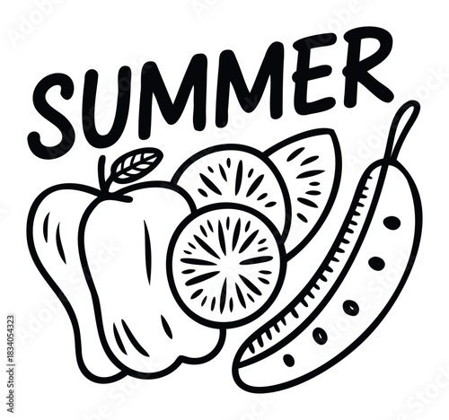 Fresh summer fruits and vegetables including apple kiwi and cucumber with word summer perfect for seasonal promotions and healthy eating themes
