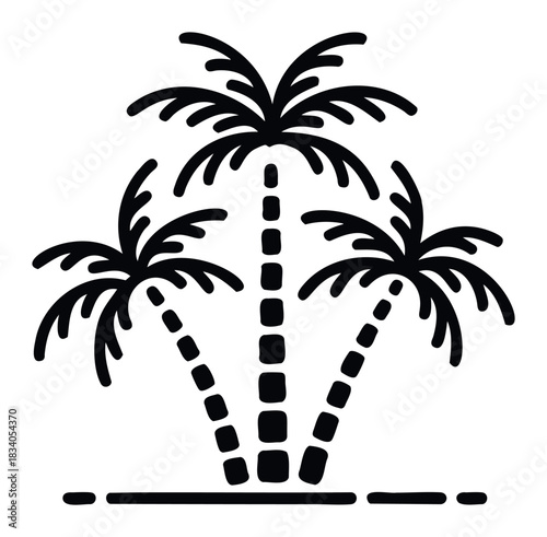 Three simplified black palm trees with segmented trunks and fronds arranged on a ground line, suitable for summer vacation and tropical themes.