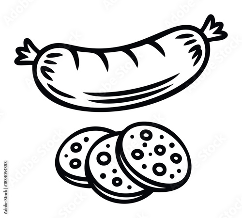Bold outline graphic of a sausage and its slices, perfect for food promotion and culinary content, representing food preparation and meal ingredients with a clear visual style.