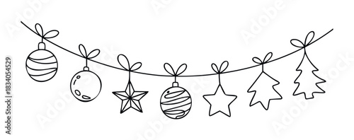Festive string of Christmas ornaments and trees with bows, perfect for holiday decorations, seasonal greetings and winter celebrations creating joyful ambiance.