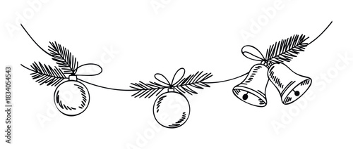 Festive handdrawn Christmas garland featuring pine branches, ornaments, and bells, perfect for holiday decorations and seasonal greetings.