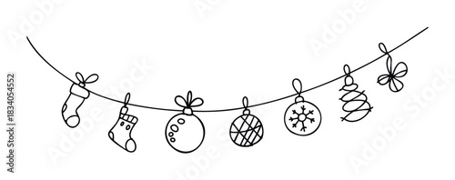 Whimsical hand drawn garland featuring festive Christmas ornaments and stockings suspended on a delicate string for holiday celebrations and seasonal greetings.