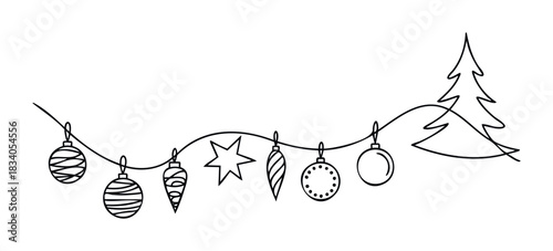 Continuous line drawing of festive holiday ornaments and a Christmas tree garland, perfect for seasonal promotions and celebrations, evoking joy and warmth for winter festivities.