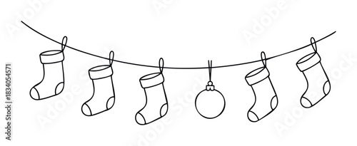 Simple line drawing of Christmas stockings and bauble hanging on a string, perfect for holiday greeting cards and seasonal decorations.