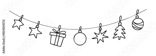 Festive garland of hand drawn Christmas ornaments including stars gifts and baubles strung on a wire for holiday decoration conveying a joyful winter celebration mood