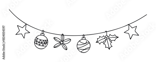 Festive holiday garland featuring stars, baubles, a flower, and holly for Christmas decorations and seasonal celebrations.