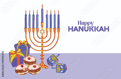 Purple Vintage Hanukkah Banner with Menorah and Dreidels Illustration
