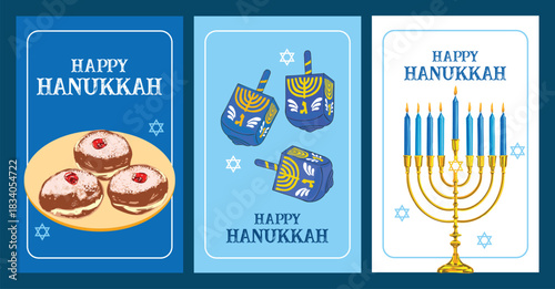 Happy Hanukkah Poster Set with Menorah, Dreidels, and Sufganiyot
