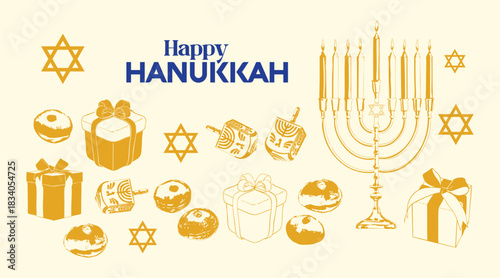 Golden Hanukkah Banner Illustration with Menorah and Dreidels
