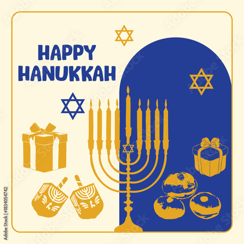 Blue and Yellow Hanukkah Poster Illustration with Menorah and Dreidels