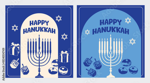 Blue Hanukkah Poster Set with Menorah and Dreidels