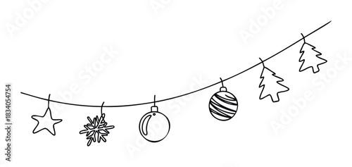 Festive string of Christmas ornaments including a star, snowflake, baubles, and trees, perfect for holiday decorations and seasonal greetings.