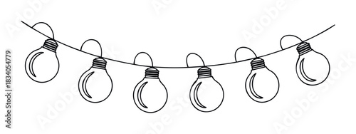 Outline of a string of seven incandescent light bulbs illuminated in a festive decorative arrangement for celebrations and parties, perfect for holiday themes and event decorations.