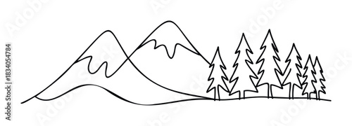 Minimalist line drawing of majestic mountains and a forest of pine trees, perfect for nature exploration themes and adventure branding projects seeking a simple yet impactful visual.