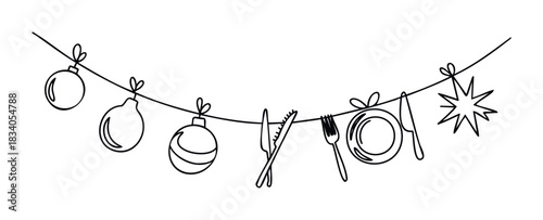 Festive garland with Christmas ornaments and tableware items, perfect for holiday menus and seasonal event promotions.