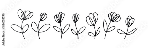 Simple line drawings of blooming flowers on stems with leaves, perfect for natural themes and springtime celebrations, adding a touch of botanical elegance to various projects.