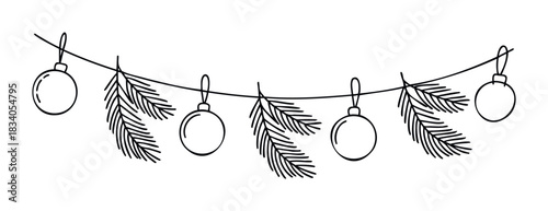 Festive string decoration featuring pine branches and baubles for holiday celebrations and winter themes, perfect for seasonal greetings and party invitations.