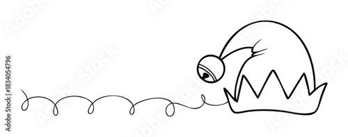 Whimsical outline of a jesters hat with a dangling bell and swirly ribbon for festive celebrations and playful themes.