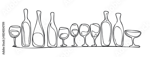 Collection of wine bottles and glasses in minimalist line art style for beverage and celebration related projects