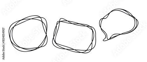 Abstract organic shapes with hand drawn black lines representing fluid forms and speech bubbles for graphic communication and text placement