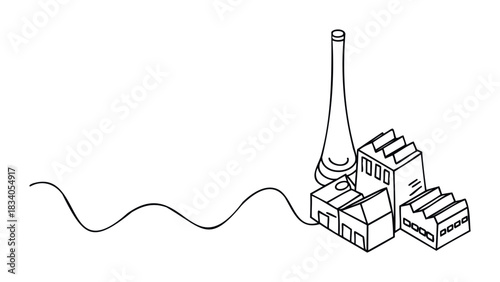 Industrial complex with smokestack and buildings connected by a winding line, representing production and manufacturing processes, ideal for business and industrial themes.