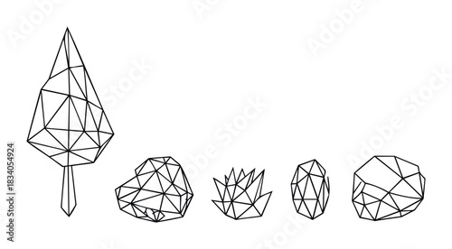 Geometric objects with sharp edges and facets arranged in a row, perfect for abstract backgrounds and modern graphic elements