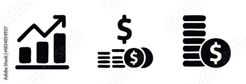 Financial icons depicting growth chart, falling coins, and stacked coins for business, investment, and finance concepts, suitable for digital presentations and financial reporting.