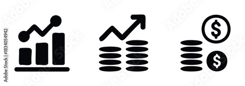 A set of three financial growth icons depicting rising charts and stacks of coins, perfect for business finance and investment presentations.