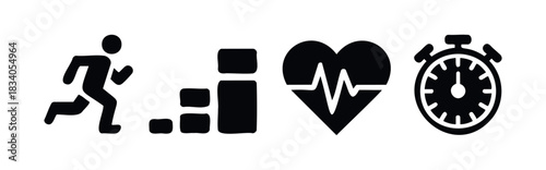 Set of four graphic icons representing fitness activities like running, progress, healthy heart rate, and time tracking for sports and wellness concepts