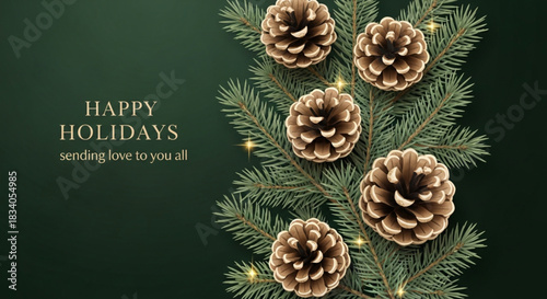Happy Holidays greeting card vector with festive pinecones and evergreen branches. Winter holidays illustration featuring pine cones and "sending love to you all" text. Christmas holiday Background.