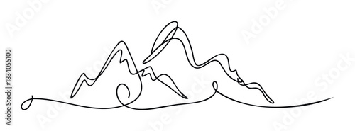 Minimalist single line drawing of rugged mountain peaks and rolling hills symbolizing adventure and nature exploration for travel blogs and outdoor brands