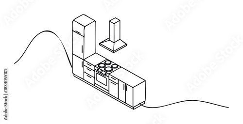 Minimalist outline isometric view of a modern kitchen unit with refrigerator stove and hood for home interior concepts