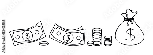 Collection of money symbols including banknotes, coins, and a money bag with a dollar sign, perfect for finance and savings related projects and promotions.