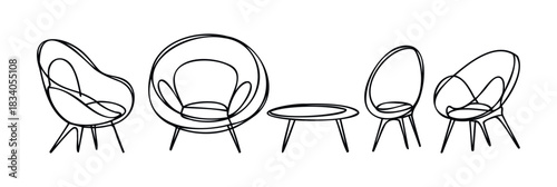 Modern furniture collection of abstract chairs and a circular table rendered in a minimalist continuous line style for interior decoration concepts