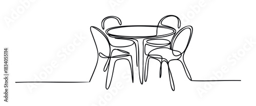 Minimalist line drawing of a round table with four chairs, perfect for cafe scenes or modern interior concepts.